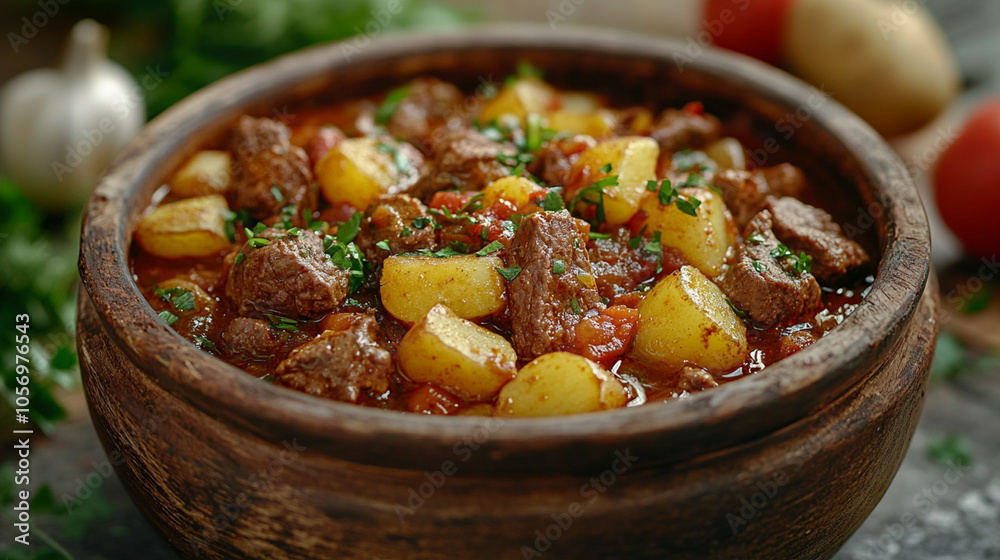 Hungarian goulash with beef, paprika, and potatoes, hearty and rich, served in a rustic pot Hungarian goulash with beef, paprika, and potatoes, hearty and rich, served in a rustic pot