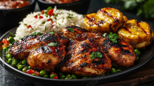 Caribbean jerk chicken with spicy seasoning, served with rice and peas, and a side of fried plantains