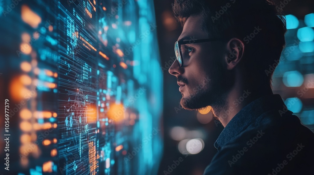 Man in Glasses Observing Data on a Futuristic Screen Man in Glasses Observing Data on a Futuristic Screen