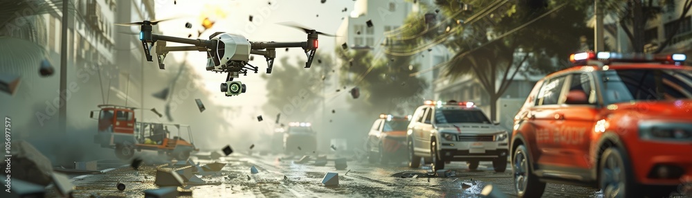 Showcase the role of technology in disaster management with immersive 3D illustrations of emergency response drones and robots Showcase the role of technology in disaster management with immersive 3D illustrations of emergency response drones and robots