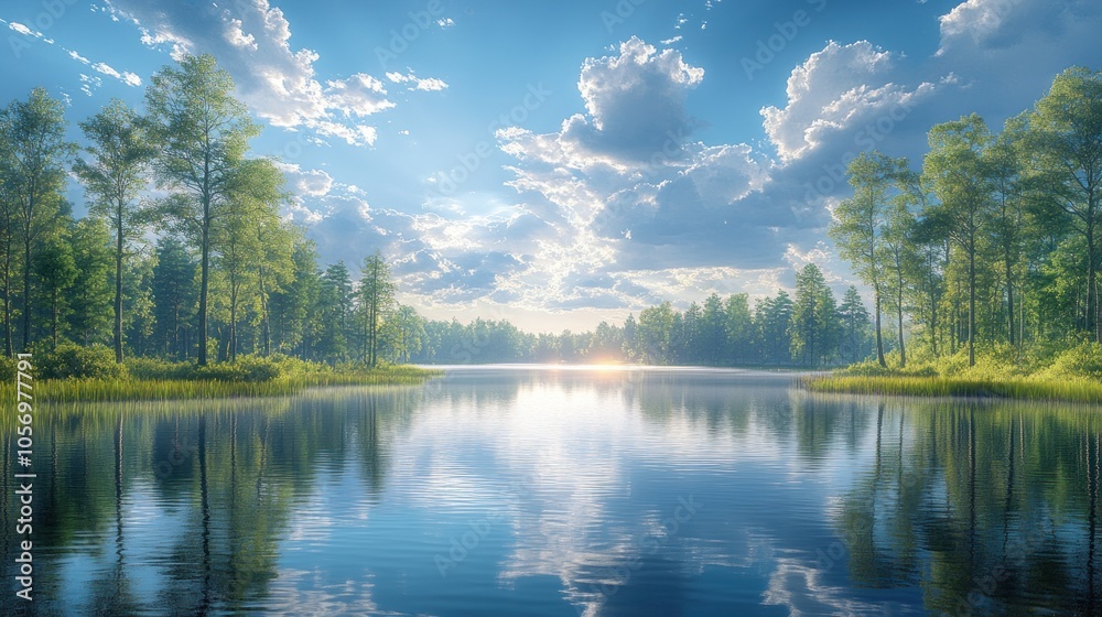 Fototapeta premium Serene lake surrounded by lush trees and vibrant skies.