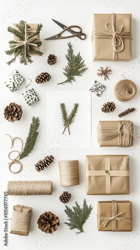 Christmas gift wrapping materials, including ribbon, scissors, twine, and tags, arranged on a white background, seen from above with an open area in the center for text