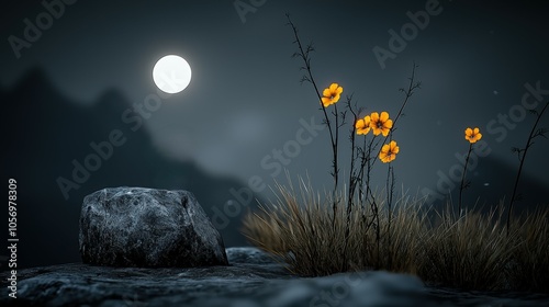 Silhouette of flowers against moonlit mountains backdrop.
