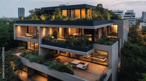 Modern multi-level residential building with rooftop garden and open terraces surrounded by urban landscape, featuring large windows and contemporary architectural design.