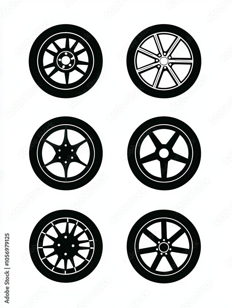 A collection of six distinct wheel designs arranged in two rows, showcasing various styles and patterns. A collection of six distinct wheel designs arranged in two rows, showcasing various styles and patterns.