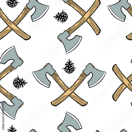Vector seamless pattern with hand drawn crossed axes and pine cones. Beautiful handwork or backwoods lifestyle design elements. Perfect for prints and patterns