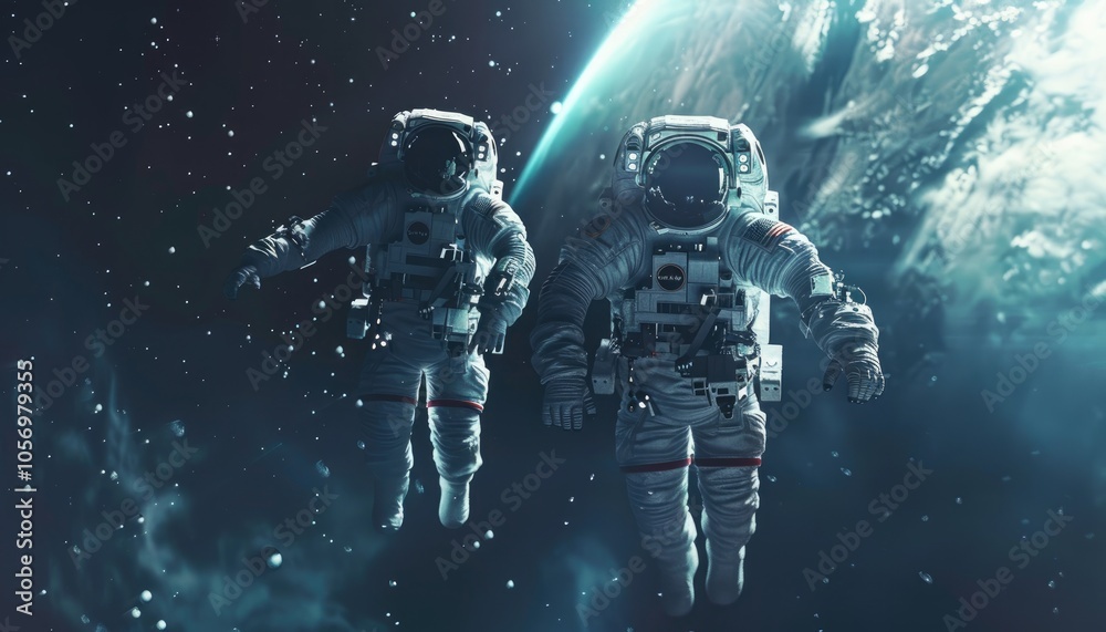 Two Astronauts Floating in Space with Earth in the Background Two Astronauts Floating in Space with Earth in the Background
