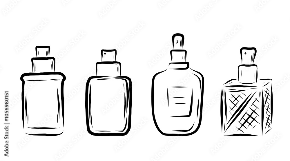 Perfume in different shaped bottles, in line art style, line, bows, flowers, smell. vector illustration Perfume in different shaped bottles, in line art style, line, bows, flowers, smell. vector illustration