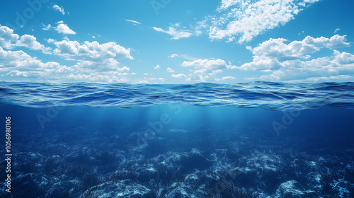 Clear deep sea water with seaweed on the bottom under a blue sky with clouds