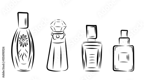 Perfume in different shaped bottles, in line art style, line, bows, flowers, smell. vector illustration