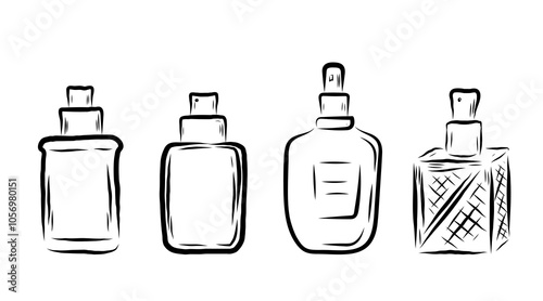 Perfume in different shaped bottles, in line art style, line, bows, flowers, smell. vector illustration