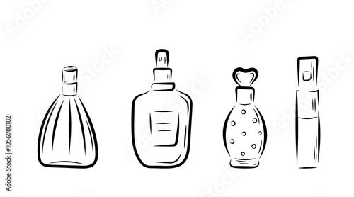 Perfume in different shaped bottles, in line art style, line, bows, flowers, smell. vector illustration