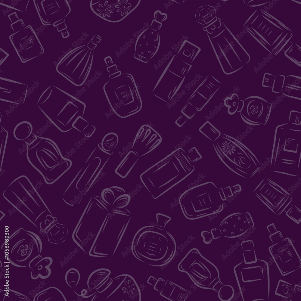 seamless pattern Perfume in different shaped bottles, in line art style, line, bows, flowers, scent. vector illustration seamless pattern Perfume in different shaped bottles, in line art style, line, bows, flowers, scent. vector illustration