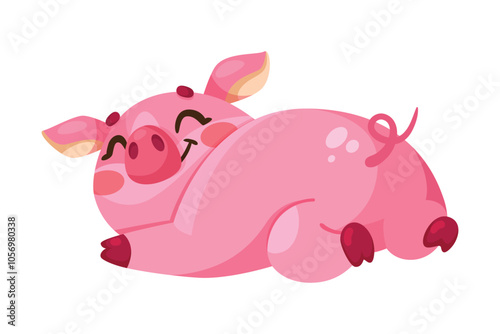 Pink Piglet Character in Lying Pose Vector Illustration