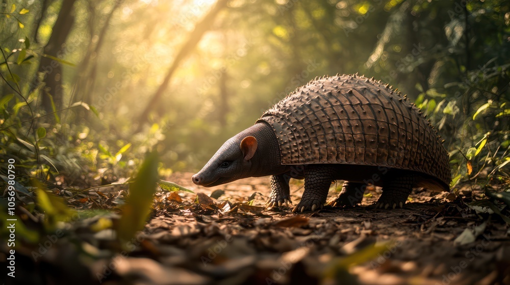 Obraz premium A close-up of an armadillo walking on a forest path, illuminated by soft sunlight.