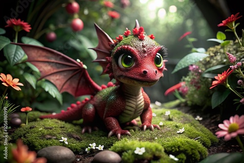 A charming baby red dragon playfully explores a mystical forest, surrounded by vibrant flora and sparkling fairy lights, perfect for candid photo