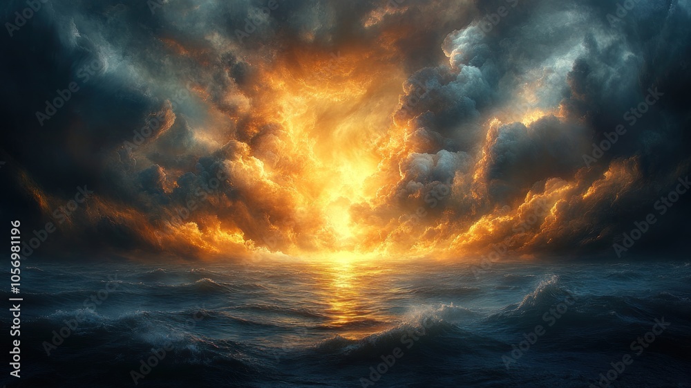 Fototapeta premium Dramatic sunset over turbulent ocean waves and stormy clouds.