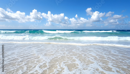 Clear ocean waves gently crashing onto sandy beach under blue sky with scattered clouds isolated with white shades, png photo