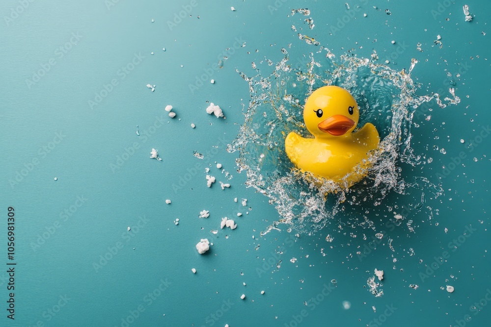 A vibrant yellow rubber duck splashes dramatically on a teal water surface, capturing the playful energy and joy associated with childhood and bath time fun.