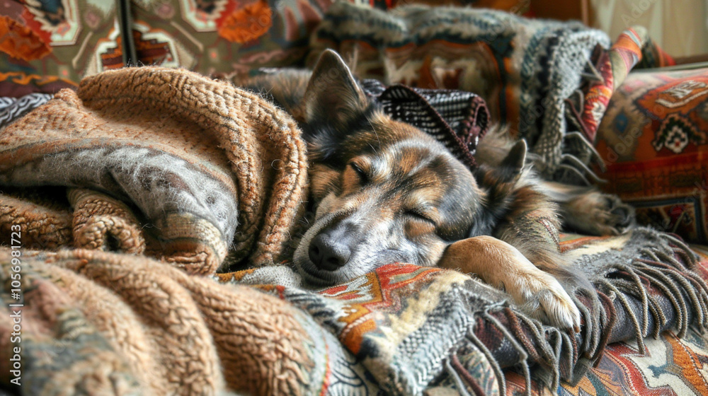 Relaxed puppy sleeping napping in living room. Dog on armchair, having new pet at home. Love, care tired baby animal. Animal shelter adoption, finding new home. Relaxed puppy sleeping napping in living room. Dog on armchair, having new pet at home. Love, care tired baby animal. Animal shelter adoption, finding new home.