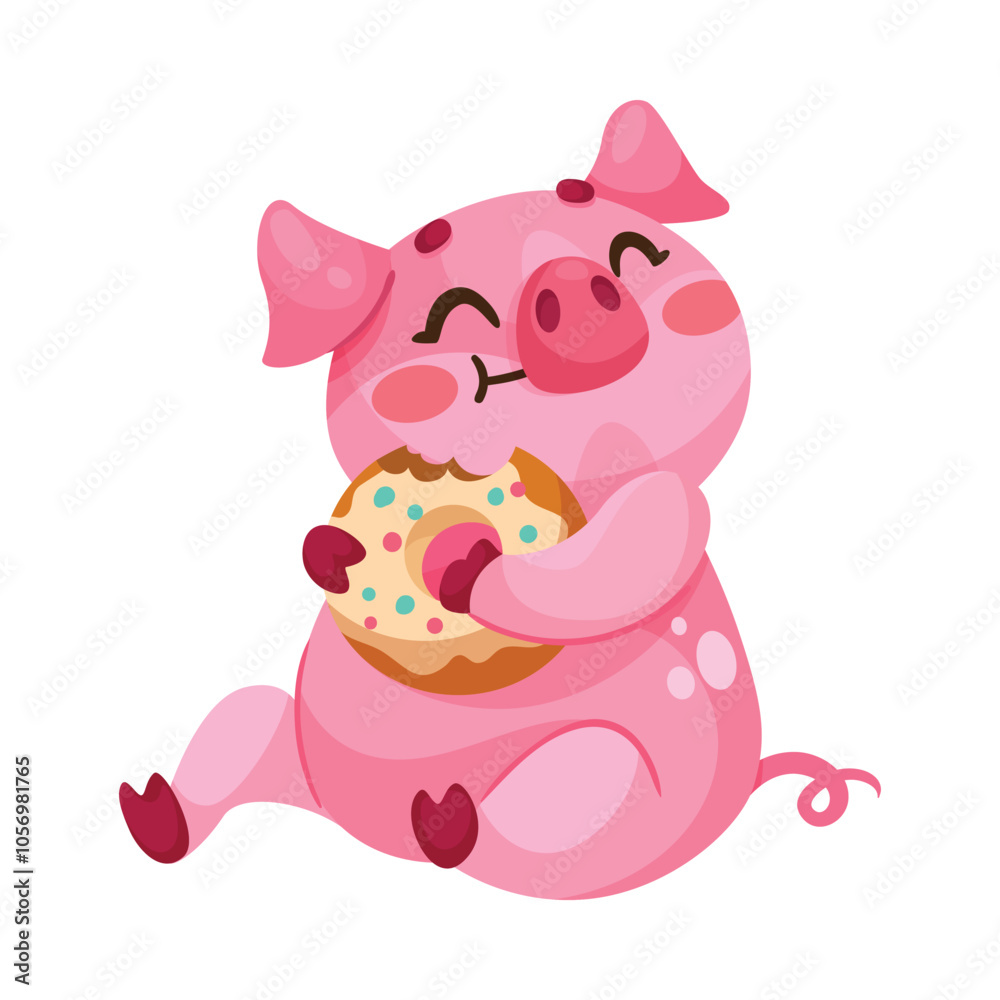 Pink Piglet Character Sit and Eat Donut Vector Illustration Pink Piglet Character Sit and Eat Donut Vector Illustration