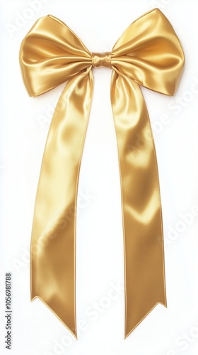 Decorative golden bow with long ribbon isolated on white background.