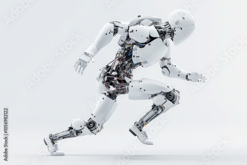 A meticulously designed white humanoid robot captured in mid-sprint, conveying energy, speed, and cutting-edge technological prowess in an engineered evolution.