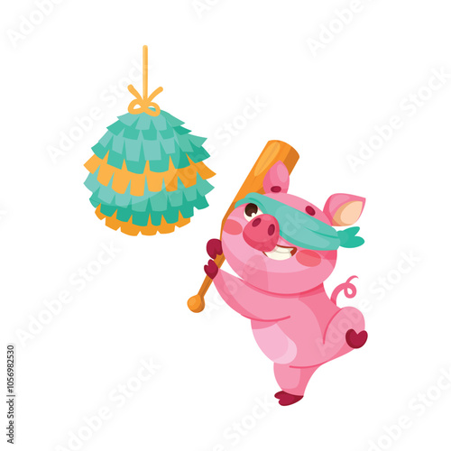 Pink Piglet Character Beat Pinata Toy with Bat Vector Illustration