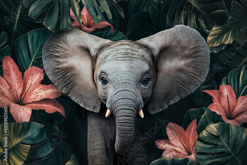 Adorable baby elephant stands amidst lush tropical leaves and vibrant flowers, showcasing the beauty of wildlife in a serene natural setting. Perfect for themes of innocence and nature's wonder. photo