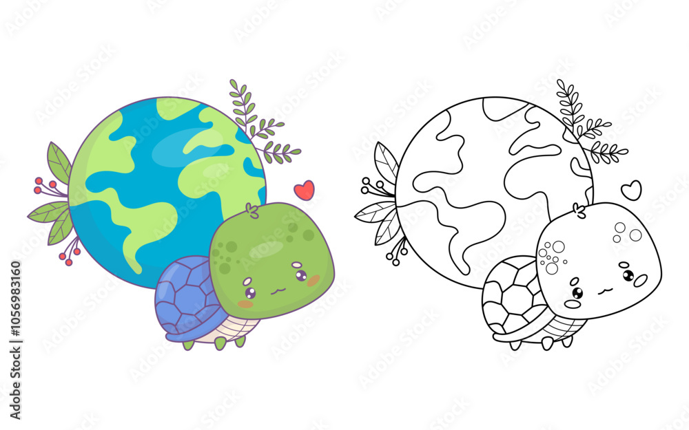 Cute turtle with planet Earth. Concept ecology, conservation, protection of respect nature. Isolated colored and outline cartoon animal character. Coloring book. Vector illustration. Kids collection Cute turtle with planet Earth. Concept ecology, conservation, protection of respect nature. Isolated colored and outline cartoon animal character. Coloring book. Vector illustration. Kids collection