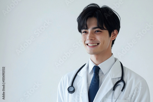 Man doctor asian in white coat smile on white isolated background looks into camera, copy space, space for text, health