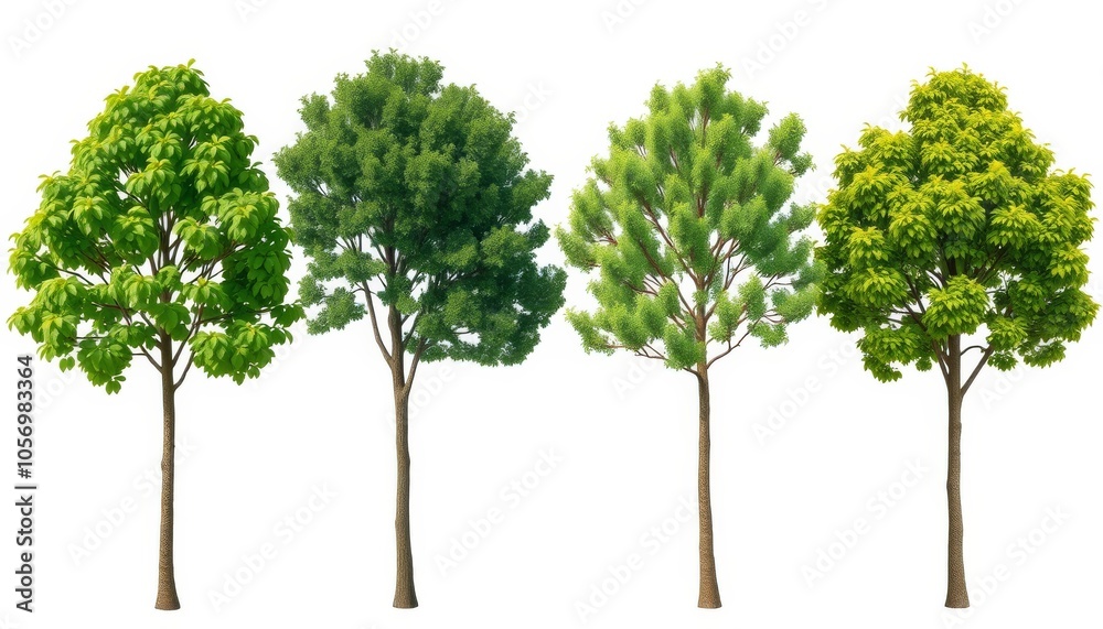 Fototapeta premium Four Green Trees with Brown Trunks Isolated on White Background