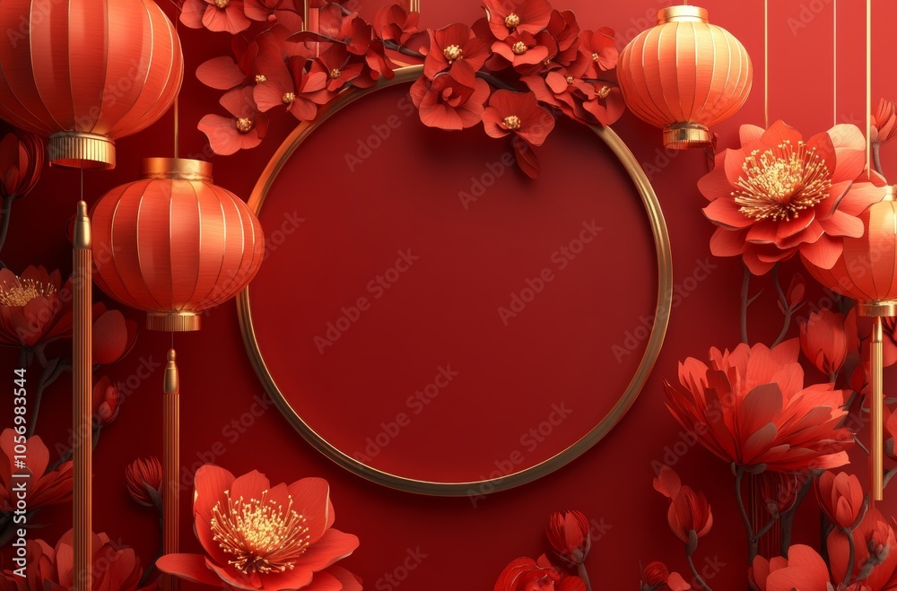 Chinese New Year background with paper-cut decoration  lanterns  and traditional elements