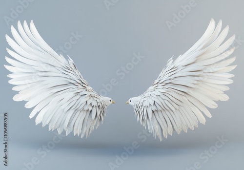 3D render of two white wings spread out on a grey backgroundOctane renderingBlender24mm lenssharp focusstudio photographystock photohyperrealistic photo