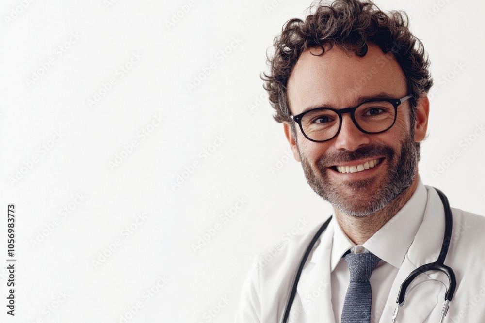 Man doctor in white coat smile on white isolated background looks into camera, copy space, space for text, health Man doctor in white coat smile on white isolated background looks into camera, copy space, space for text, health