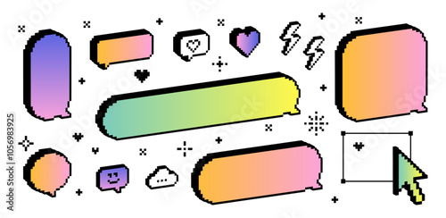 Vector 3D speech bubble. Pixel art. Talk icons. Text balloons. Empty dialogue box. Y2k bright gradient shape for chat, text message, dialog, conversation. Trendy stickers. Voxel. Cool design elements