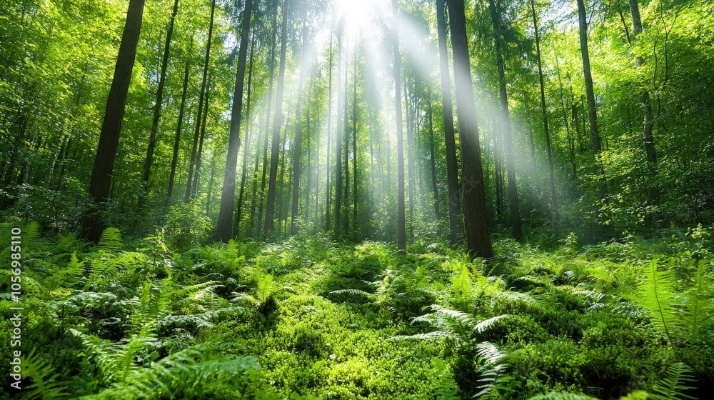 Fototapeta premium Sunbeams Through Lush Green Forest with Ferns and Trees