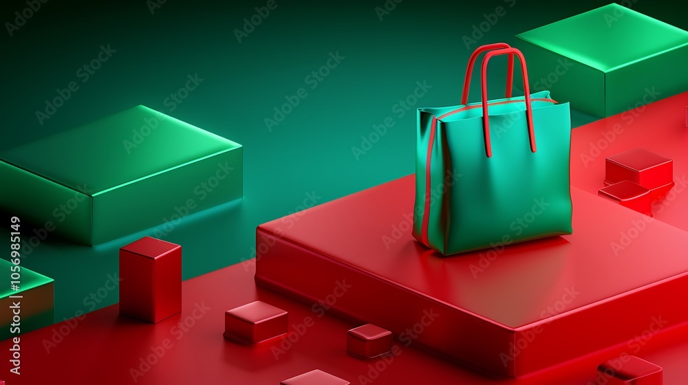 3D Festive Gift Bag on Colorful Background. Christmas Theme 3D Festive Gift Bag on Colorful Background. Christmas Theme