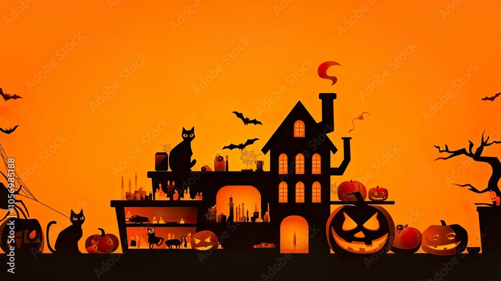 A Halloween scene with a house, a cat, and bats A Halloween scene with a house, a cat, and bats