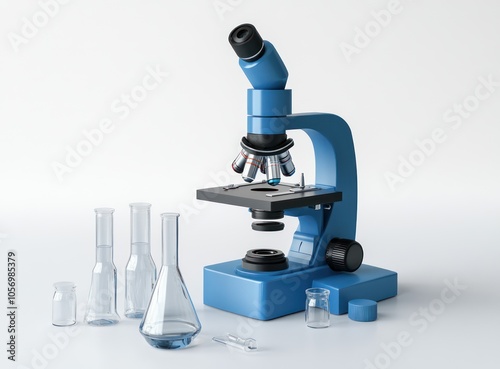 A blue microscope and glass flasks on a white backgroundstock photophotorealistic photo