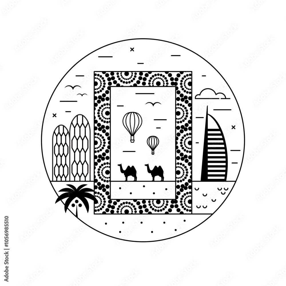 Travel Dubai Circle Icon in Line Art