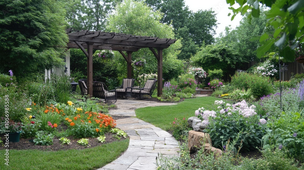 Back garden with pergola, cozy chairs, and flower beds for a relaxing feel Back garden with pergola, cozy chairs, and flower beds for a relaxing feel
