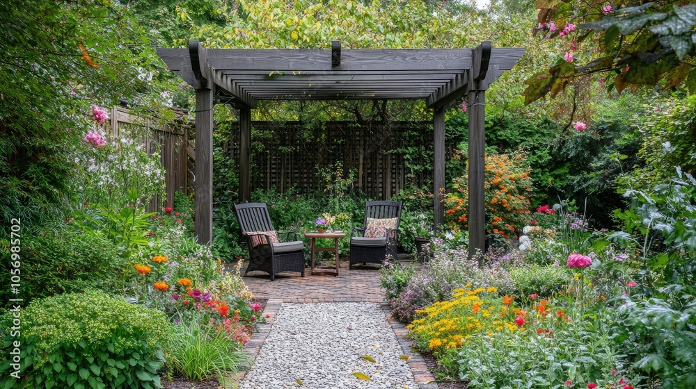 Back garden with pergola, cozy chairs, and flower beds for a relaxing feel Back garden with pergola, cozy chairs, and flower beds for a relaxing feel