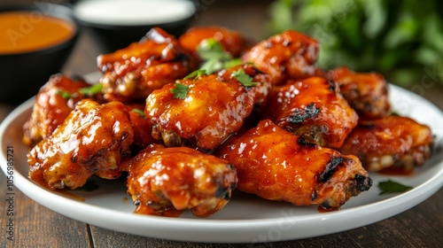 Glazed Chicken Wings on a White Plate with Parsley