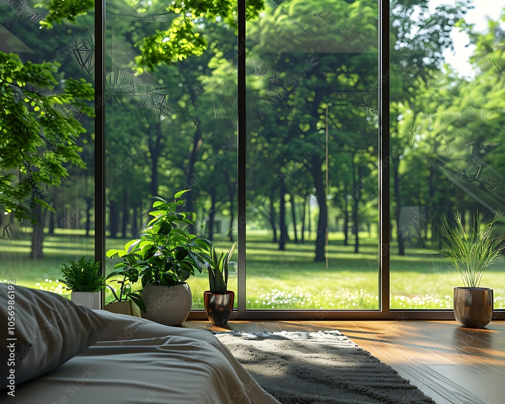Panoramic window in modern country house, green trees outside, bedroom with potted plants near bed. Panoramic window in modern country house, green trees outside, bedroom with potted plants near bed.
