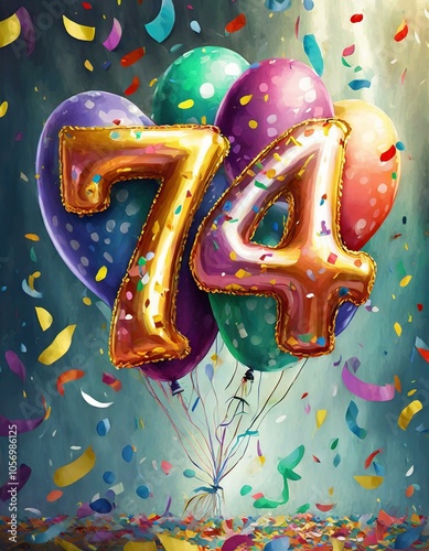 Birthday / anniversary balloon, number 74, colorful illustration with confetti and festive decoration