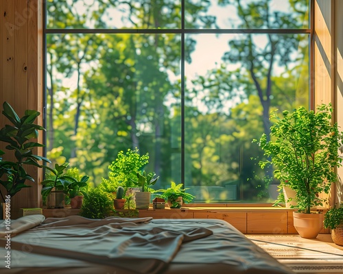 Panoramic window in modern country house, green trees outside, bedroom with potted plants near bed.
