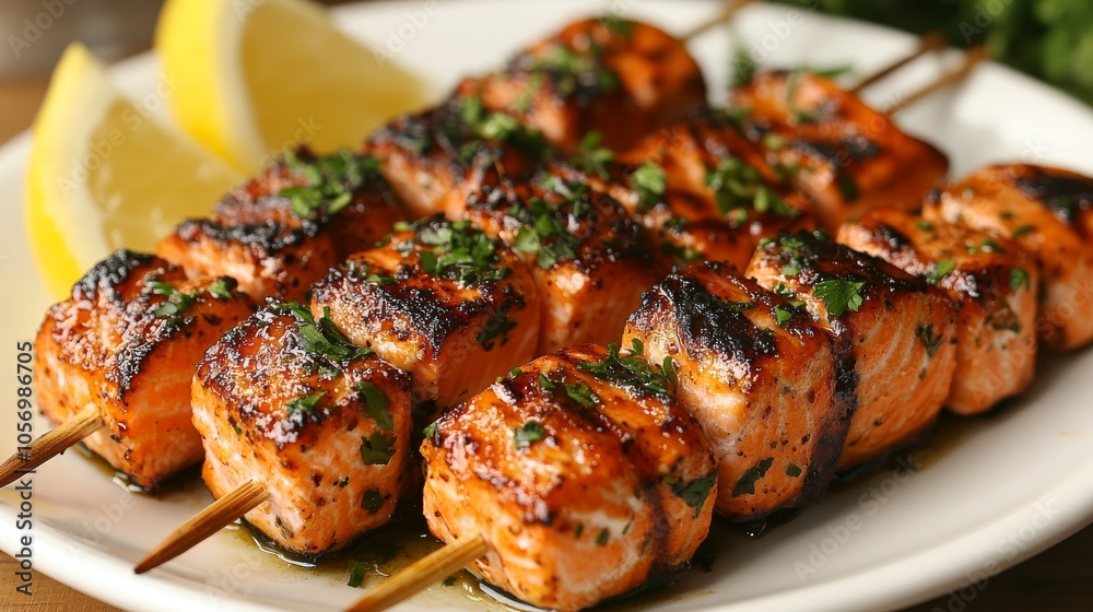 Grilled Salmon Skewers with Parsley and Lemon Wedges Grilled Salmon Skewers with Parsley and Lemon Wedges