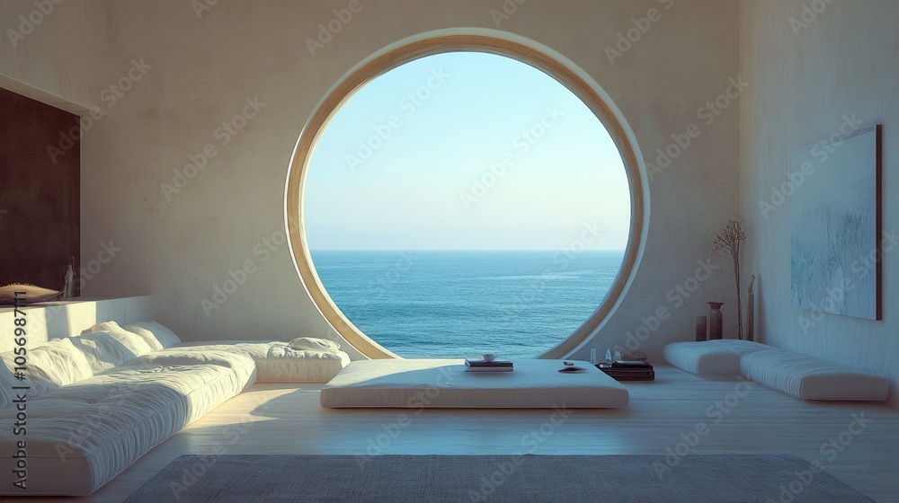 Chic living room with a round window facing out to the calm ocean horizon Chic living room with a round window facing out to the calm ocean horizon