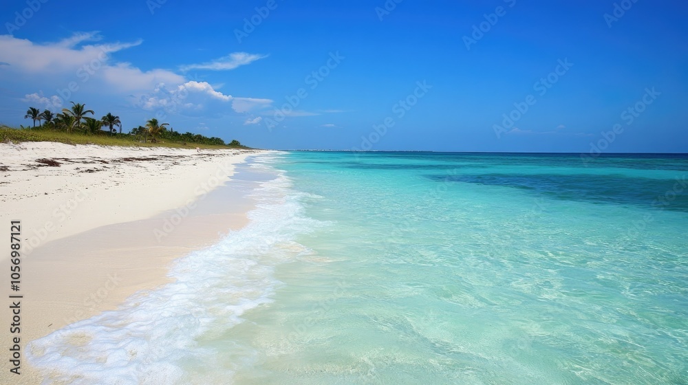 Clean, emerald-colored ocean waters and soft waves lapping at a white sandy beach Clean, emerald-colored ocean waters and soft waves lapping at a white sandy beach